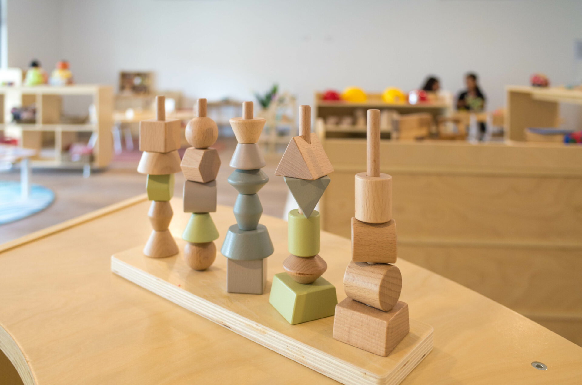 early childhood classroom, natural wooden toys